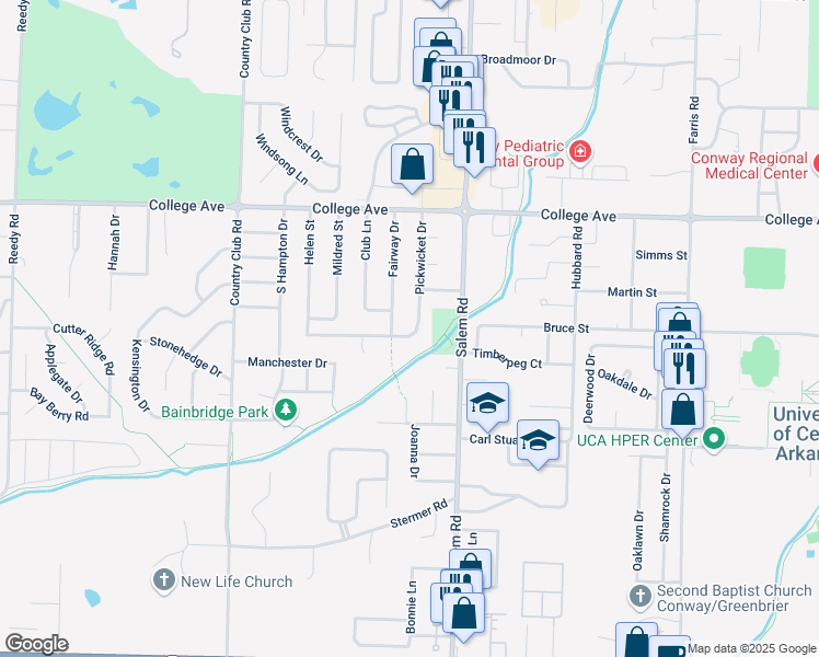 map of restaurants, bars, coffee shops, grocery stores, and more near 295 Pickwicket Drive in Conway