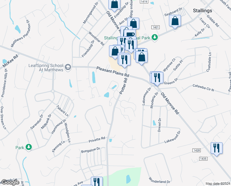 map of restaurants, bars, coffee shops, grocery stores, and more near 114 Azteca Drive in Stallings
