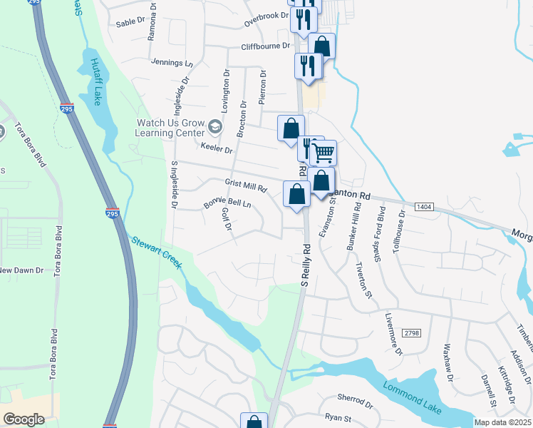 map of restaurants, bars, coffee shops, grocery stores, and more near 6510 Bonnie Bell Drive in Fayetteville