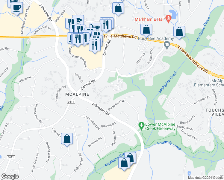 map of restaurants, bars, coffee shops, grocery stores, and more near 6646 Vlosi Drive in Charlotte