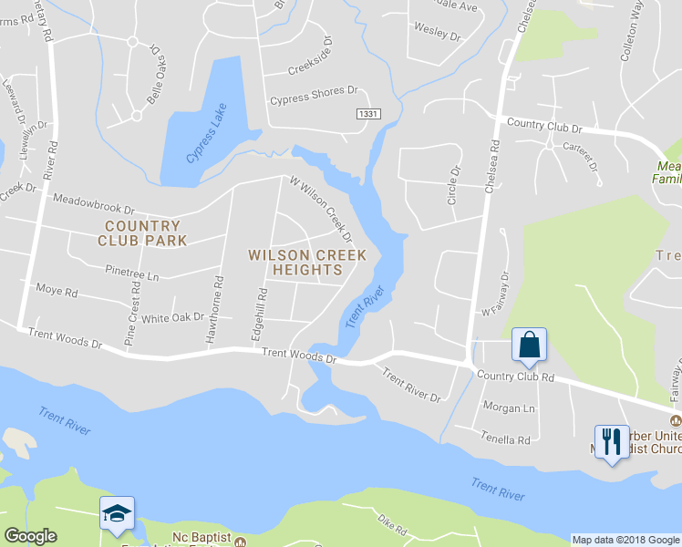 map of restaurants, bars, coffee shops, grocery stores, and more near 501 West Wilson Creek Drive in New Bern