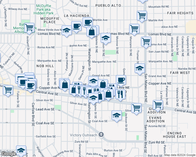 map of restaurants, bars, coffee shops, grocery stores, and more near 228 Adams Street Northeast in Albuquerque