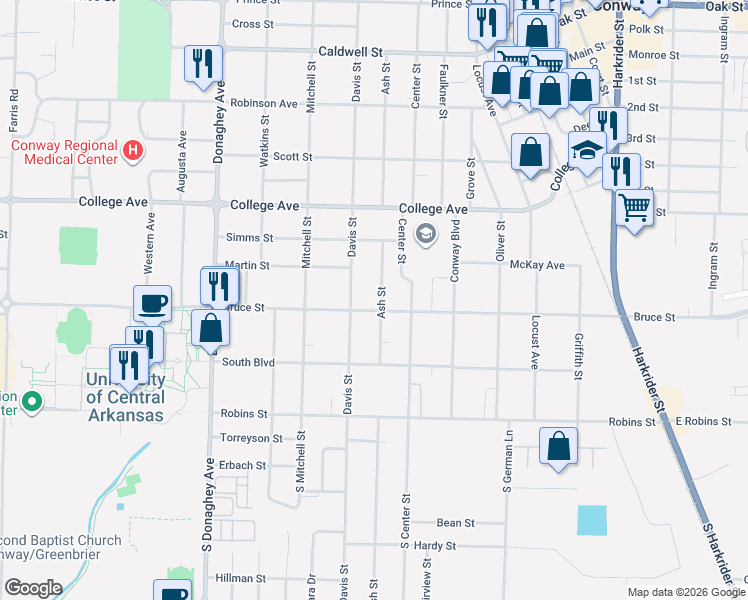 map of restaurants, bars, coffee shops, grocery stores, and more near 330 Ash Street in Conway