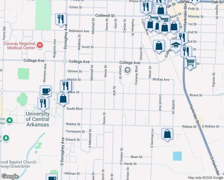 map of restaurants, bars, coffee shops, grocery stores, and more near 330 Ash Street in Conway