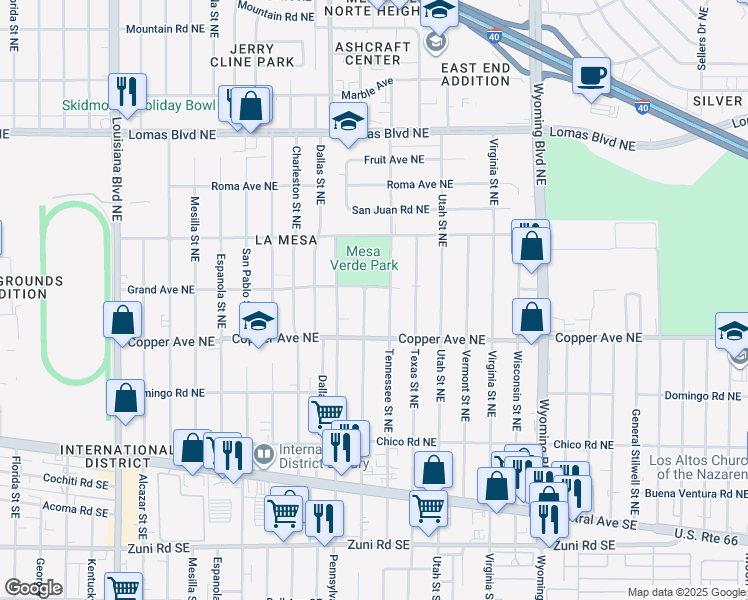 map of restaurants, bars, coffee shops, grocery stores, and more near 500 Tennessee Street Northeast in Albuquerque