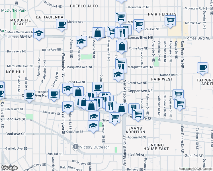 map of restaurants, bars, coffee shops, grocery stores, and more near 304 Manzano Street Northeast in Albuquerque