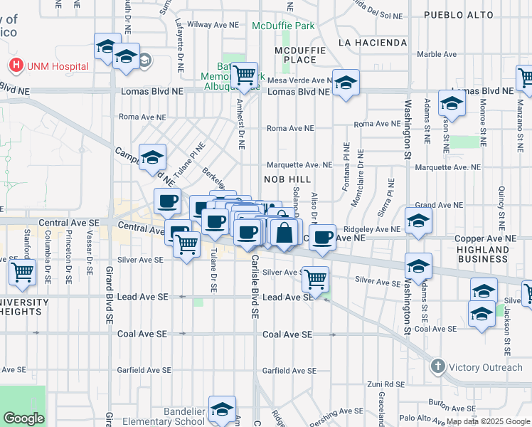 map of restaurants, bars, coffee shops, grocery stores, and more near 301 Hermosa Drive Southeast in Albuquerque