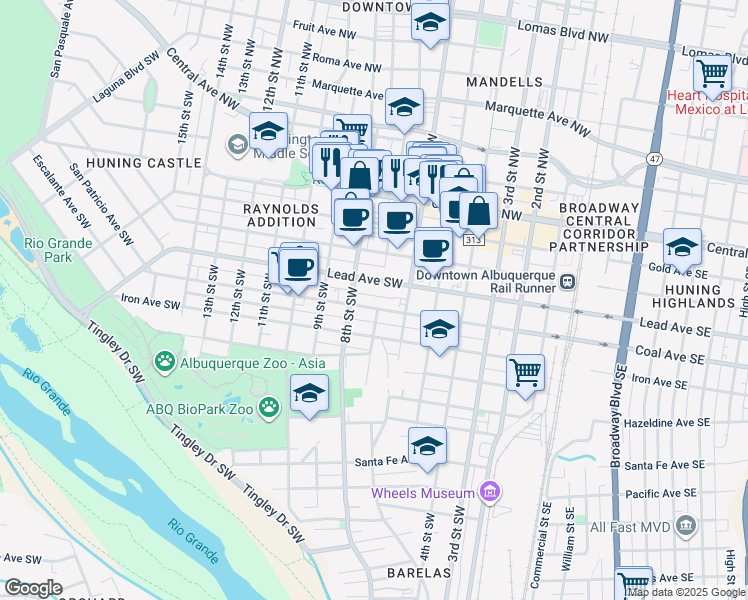 map of restaurants, bars, coffee shops, grocery stores, and more near 2 Lead Avenue Southwest in Albuquerque