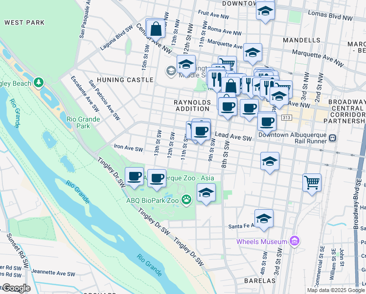 map of restaurants, bars, coffee shops, grocery stores, and more near 1021 Coal Avenue Southwest in Albuquerque