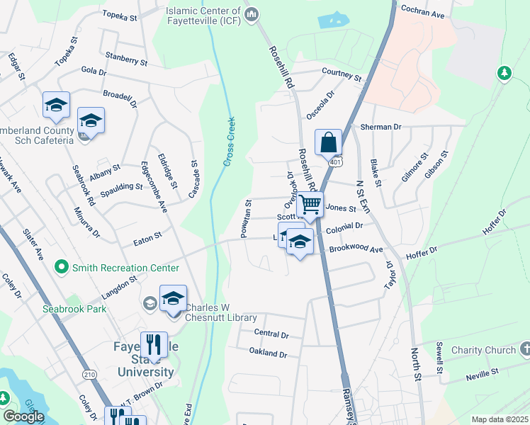 map of restaurants, bars, coffee shops, grocery stores, and more near 215 Sunset Avenue in Fayetteville