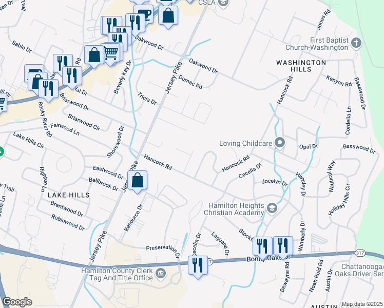 map of restaurants, bars, coffee shops, grocery stores, and more near 4527 Tomben Lane in Chattanooga