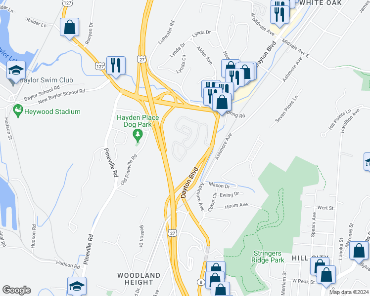 map of restaurants, bars, coffee shops, grocery stores, and more near 1710 Urban Trail in Chattanooga