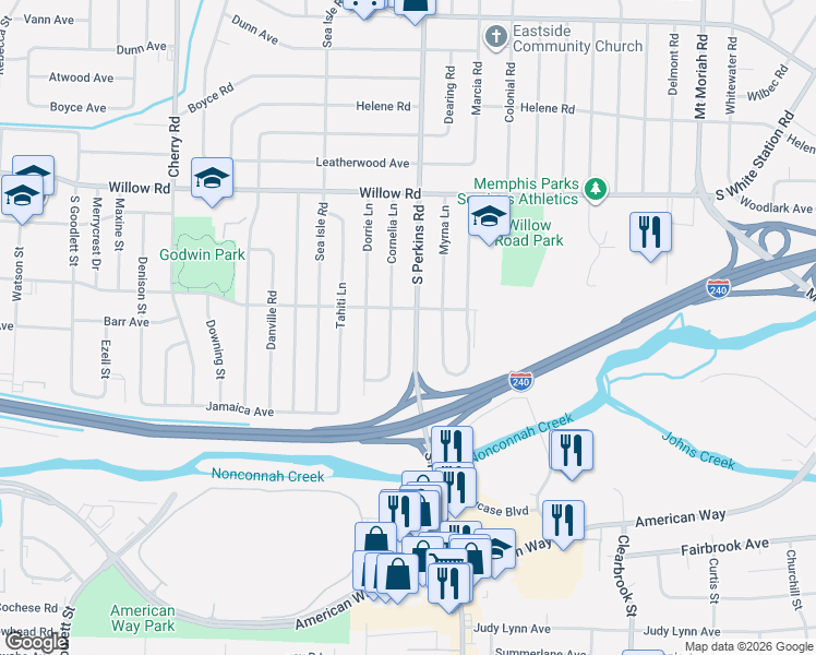 map of restaurants, bars, coffee shops, grocery stores, and more near 1826 South Perkins Road in Memphis