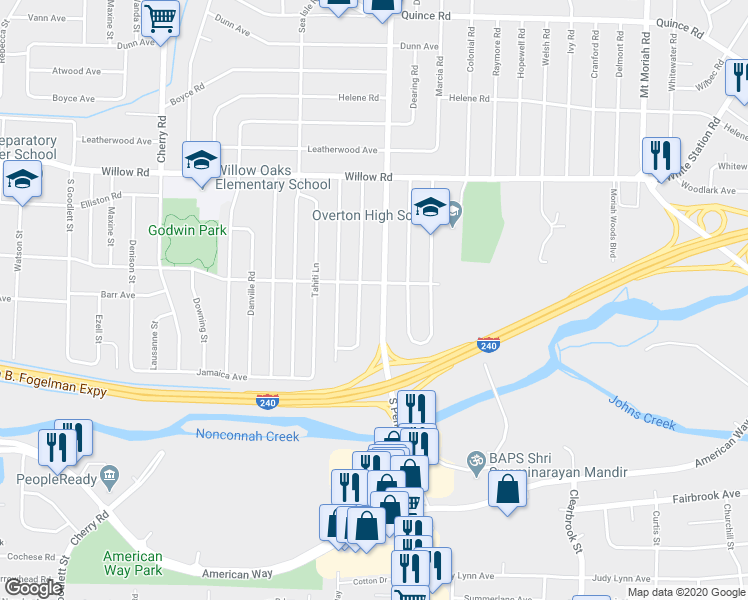 map of restaurants, bars, coffee shops, grocery stores, and more near 1826 South Perkins Road in Memphis