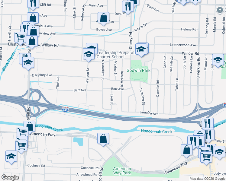 map of restaurants, bars, coffee shops, grocery stores, and more near 4296 Barr Avenue in Memphis