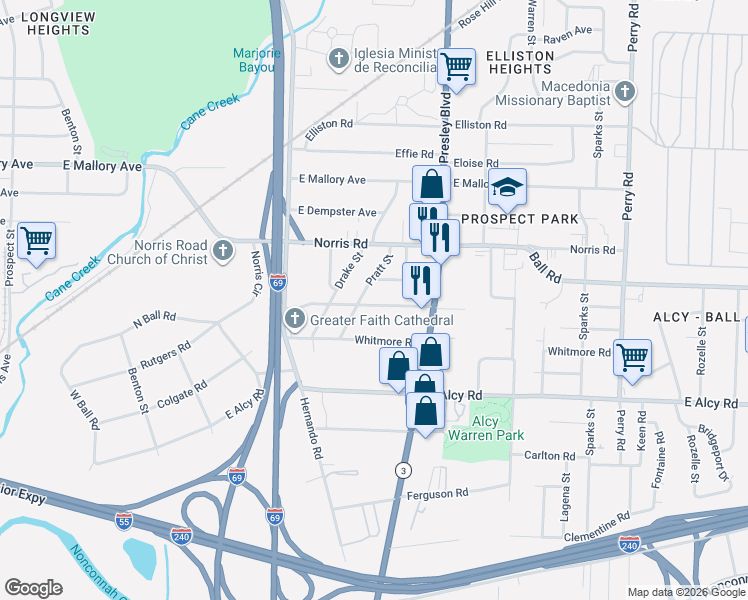 map of restaurants, bars, coffee shops, grocery stores, and more near 1255 Newark Avenue in Memphis