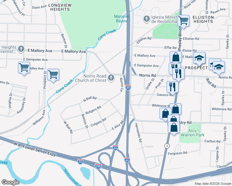 map of restaurants, bars, coffee shops, grocery stores, and more near 2311 Norris Circle in Memphis