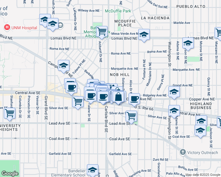 map of restaurants, bars, coffee shops, grocery stores, and more near 301 Hermosa Drive Southeast in Albuquerque