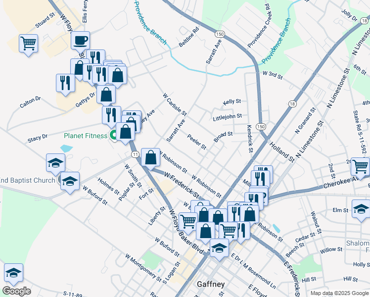 map of restaurants, bars, coffee shops, grocery stores, and more near 419 Peeler Street in Gaffney