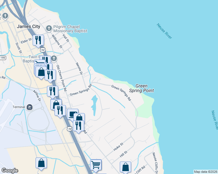map of restaurants, bars, coffee shops, grocery stores, and more near 1110 Green Springs Road in New Bern
