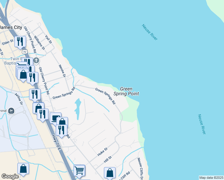 map of restaurants, bars, coffee shops, grocery stores, and more near 1212 Green Springs Road in New Bern