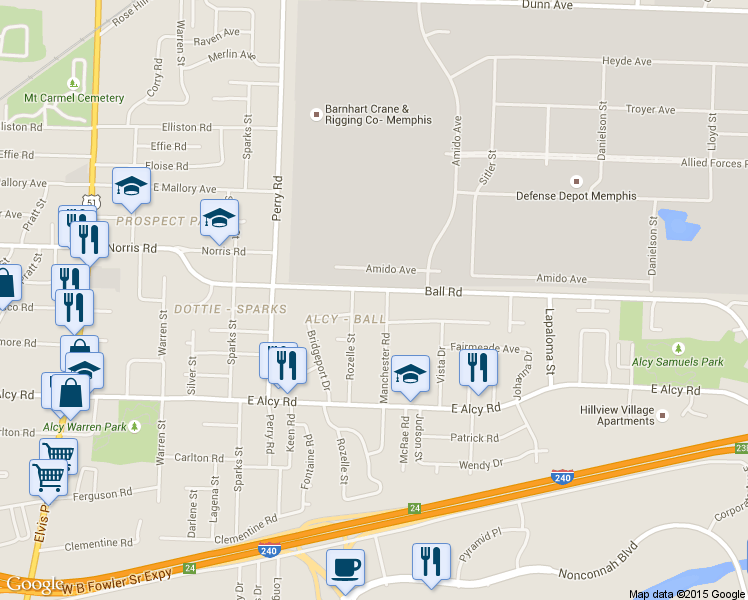 map of restaurants, bars, coffee shops, grocery stores, and more near 1695 Ball Road in Memphis