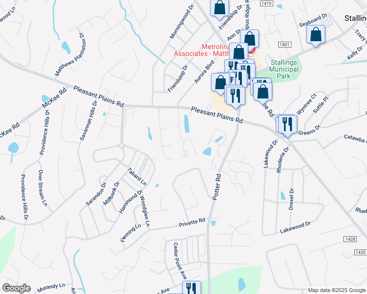 map of restaurants, bars, coffee shops, grocery stores, and more near 249 Arlington Downs Boulevard in Matthews