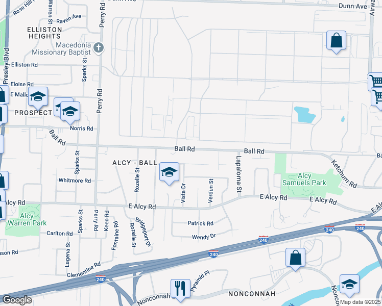 map of restaurants, bars, coffee shops, grocery stores, and more near 1801 Ball Road in Memphis