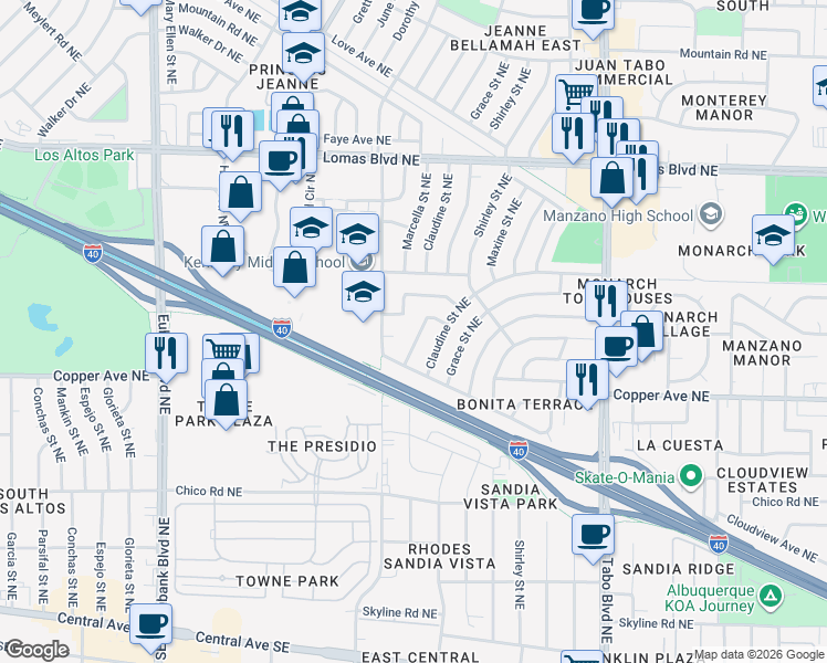 map of restaurants, bars, coffee shops, grocery stores, and more near 633 Marcella Place Northeast in Albuquerque