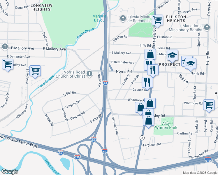 map of restaurants, bars, coffee shops, grocery stores, and more near 2326 Hernando Road in Memphis