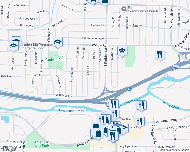 map of restaurants, bars, coffee shops, grocery stores, and more near 1838 Dorrie Lane in Memphis