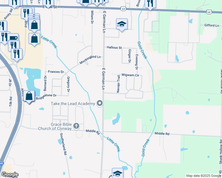 map of restaurants, bars, coffee shops, grocery stores, and more near 1911 Arrowhead Lane in Conway