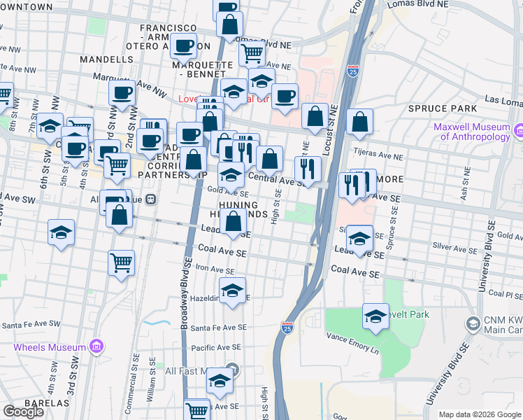 map of restaurants, bars, coffee shops, grocery stores, and more near 200 Walter Street Southeast in Albuquerque