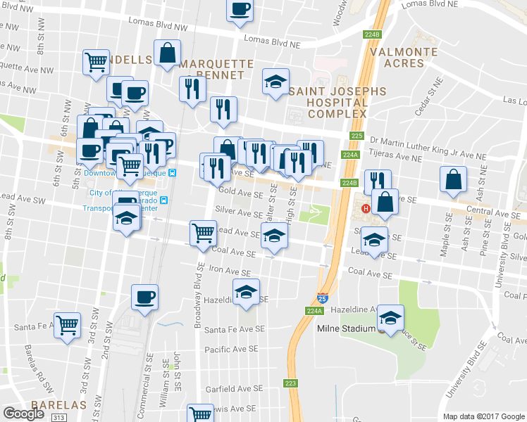 map of restaurants, bars, coffee shops, grocery stores, and more near 200 Walter Street Southeast in Albuquerque