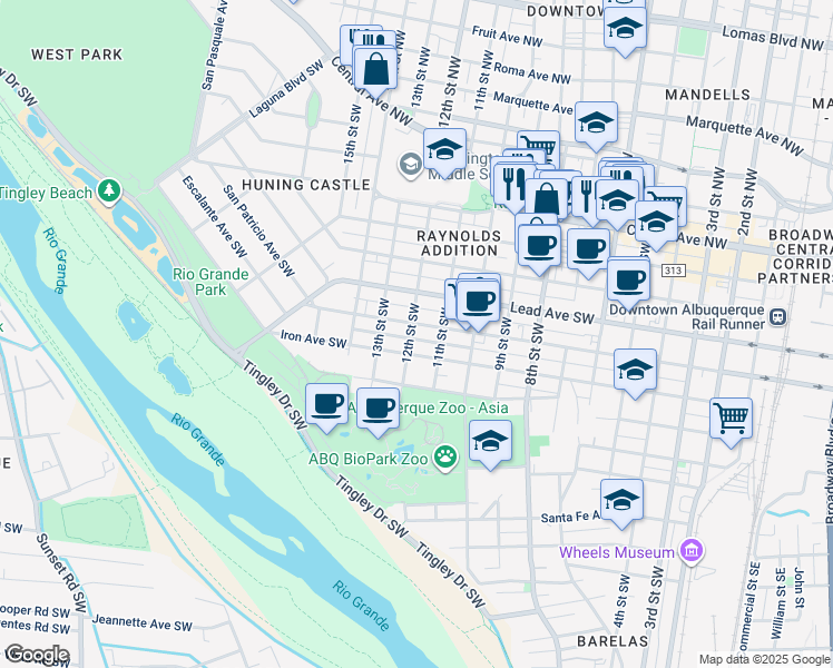 map of restaurants, bars, coffee shops, grocery stores, and more near 519 12th Street Southwest in Albuquerque