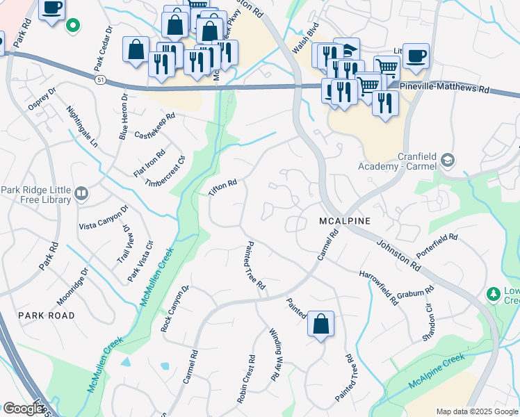 map of restaurants, bars, coffee shops, grocery stores, and more near 10925 Painted Tree Road in Charlotte