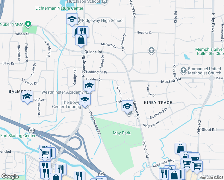 map of restaurants, bars, coffee shops, grocery stores, and more near 2474 Ayrshire Cove in Memphis
