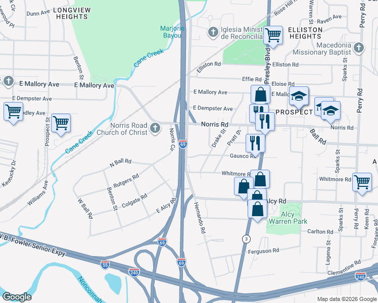 map of restaurants, bars, coffee shops, grocery stores, and more near 2326 Hernando Road in Memphis