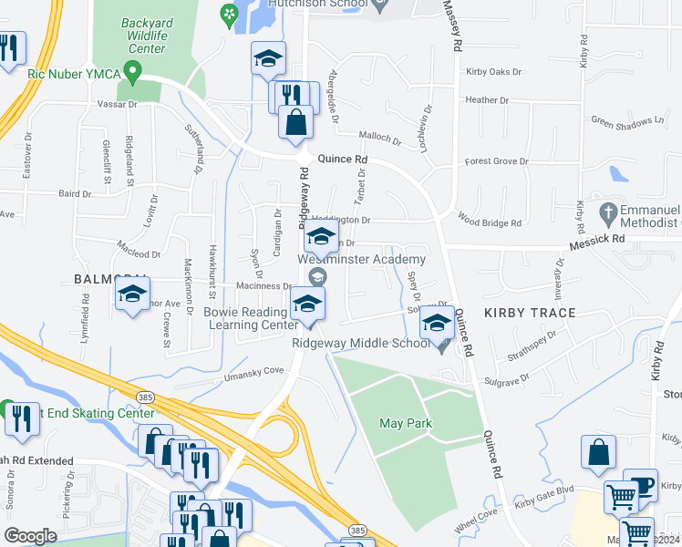 map of restaurants, bars, coffee shops, grocery stores, and more near 2467 Tarbet Drive in Memphis