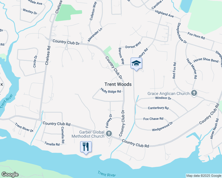 map of restaurants, bars, coffee shops, grocery stores, and more near 4108 Holly Ridge Road in Trent Woods