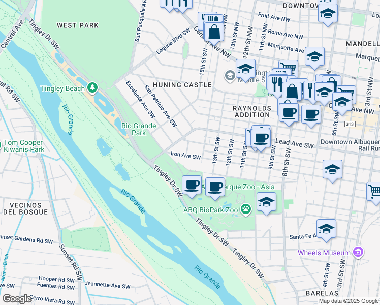 map of restaurants, bars, coffee shops, grocery stores, and more near 13 Broadcast Plaza Southwest in Albuquerque