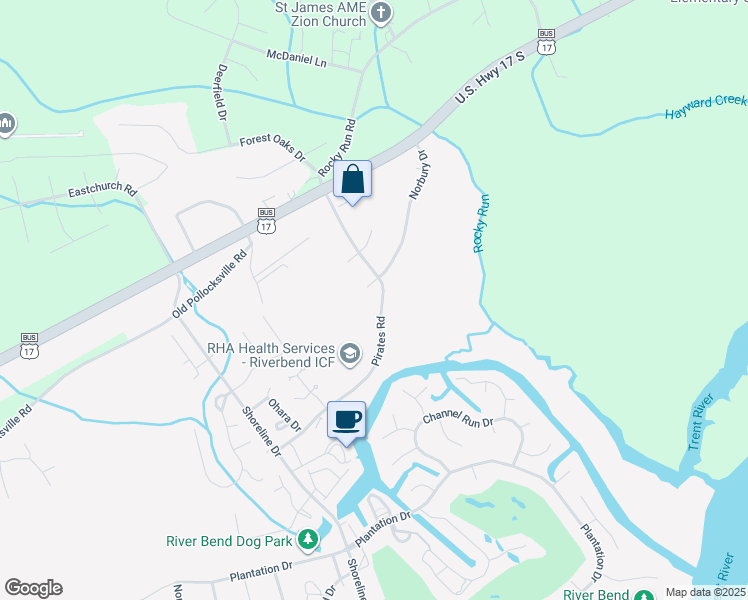 map of restaurants, bars, coffee shops, grocery stores, and more near 250 Pirates Road in New Bern