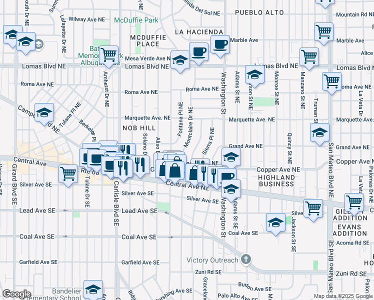 map of restaurants, bars, coffee shops, grocery stores, and more near 220 Montclaire Drive Southeast in Albuquerque