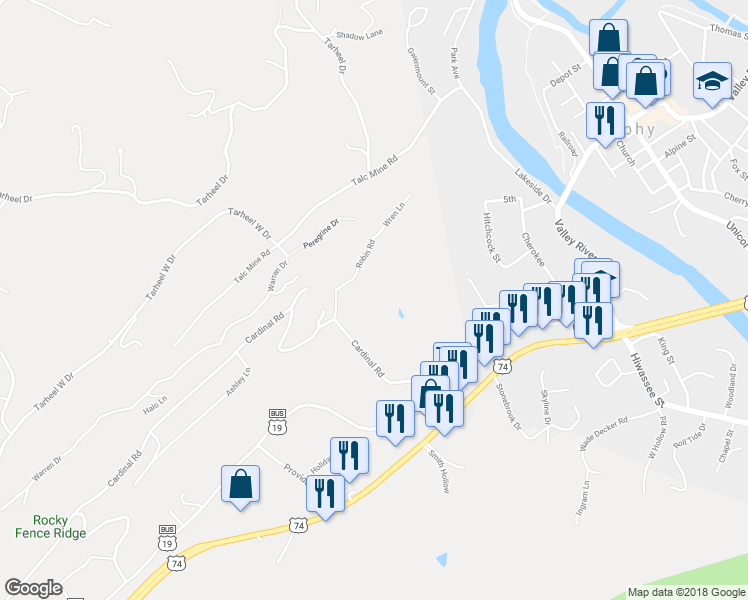 map of restaurants, bars, coffee shops, grocery stores, and more near 71 Wren Lane in Murphy