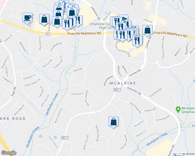 map of restaurants, bars, coffee shops, grocery stores, and more near 11019 Cedar View Road in Charlotte