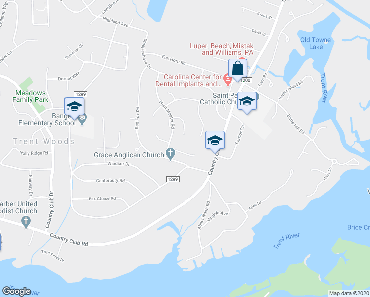 map of restaurants, bars, coffee shops, grocery stores, and more near 3107 Side Saddle Lane in New Bern