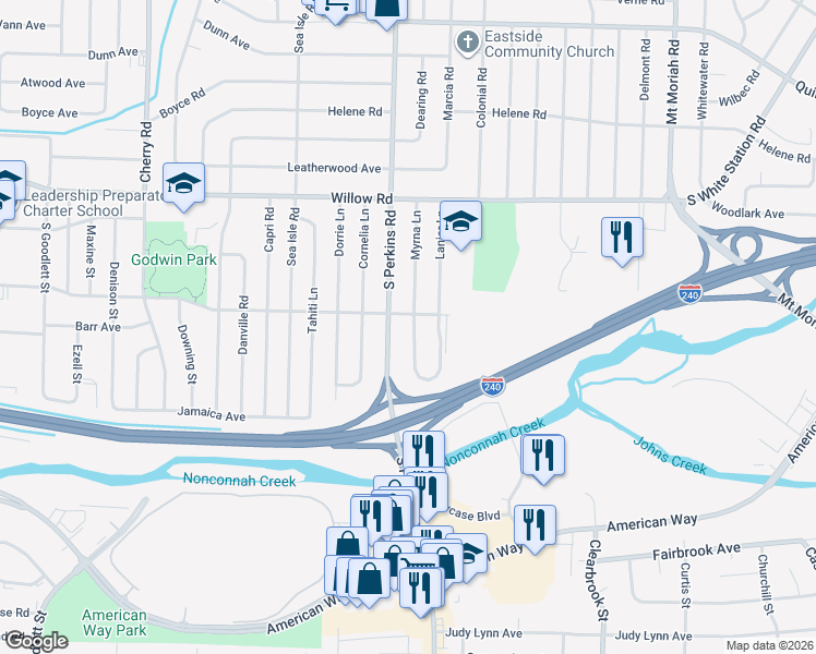 map of restaurants, bars, coffee shops, grocery stores, and more near 1826 South Perkins Road in Memphis