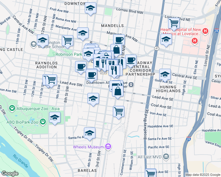 map of restaurants, bars, coffee shops, grocery stores, and more near 355 Platinum Street Southwest in Albuquerque