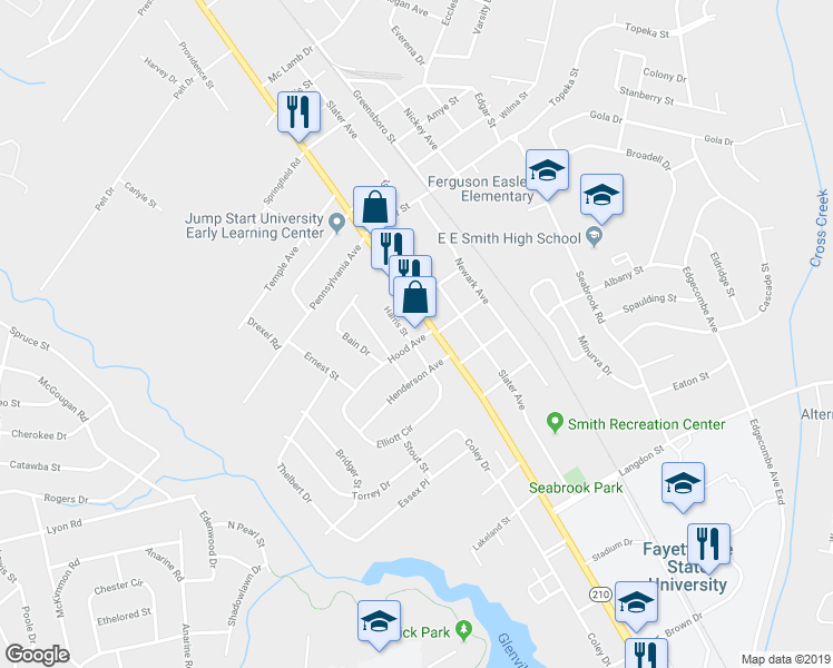map of restaurants, bars, coffee shops, grocery stores, and more near 1907 Murchison Road in Fayetteville