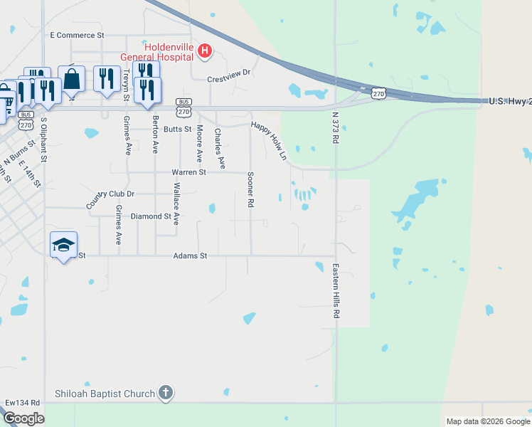 map of restaurants, bars, coffee shops, grocery stores, and more near 100 East Boomer Road in Holdenville